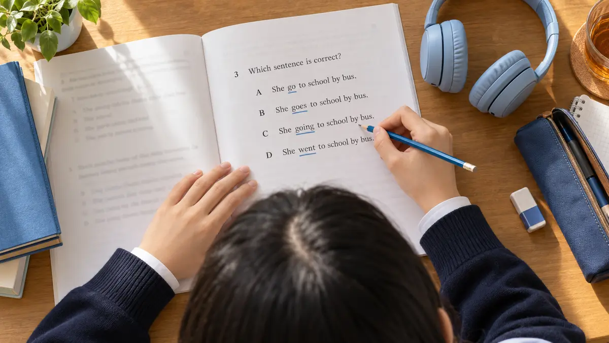 4つの英語選択肢の違いに線を引く学習場面