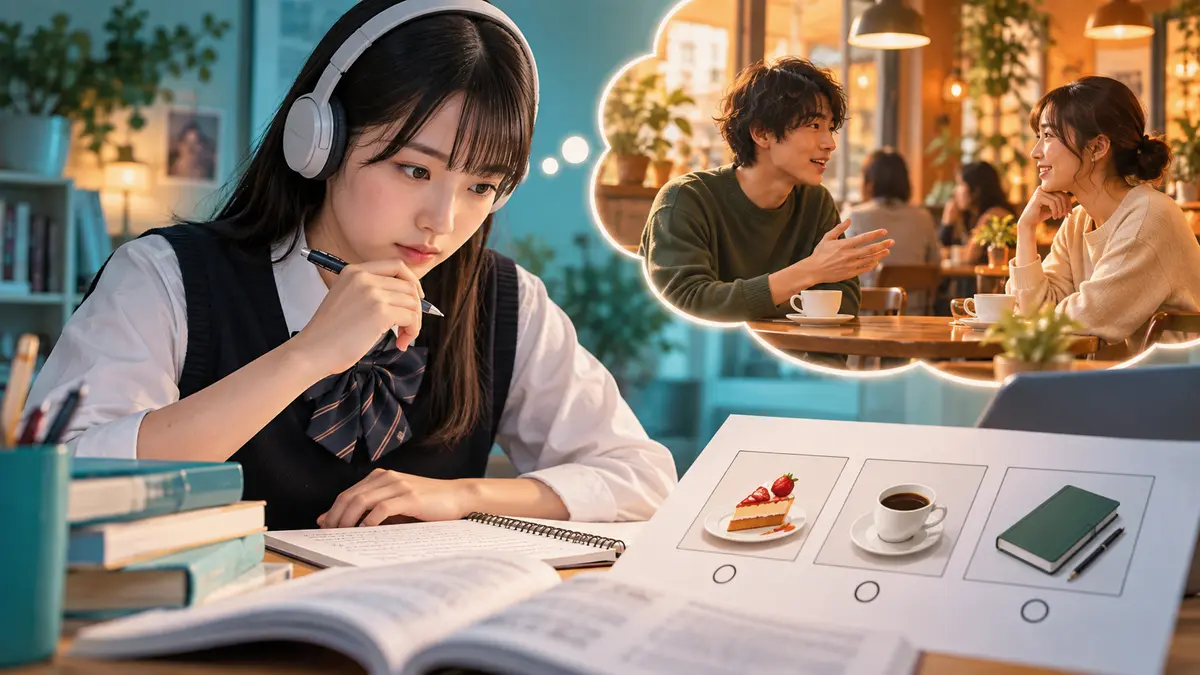 会話場面を想像しながらリスニング選択肢を読む高校生