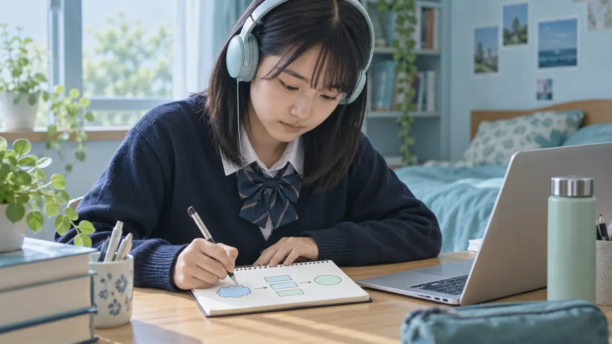 リスニング内容を順序図に整理して復習する中学生