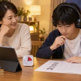保護者が中学生のリスニング先読み練習を見守る家庭学習