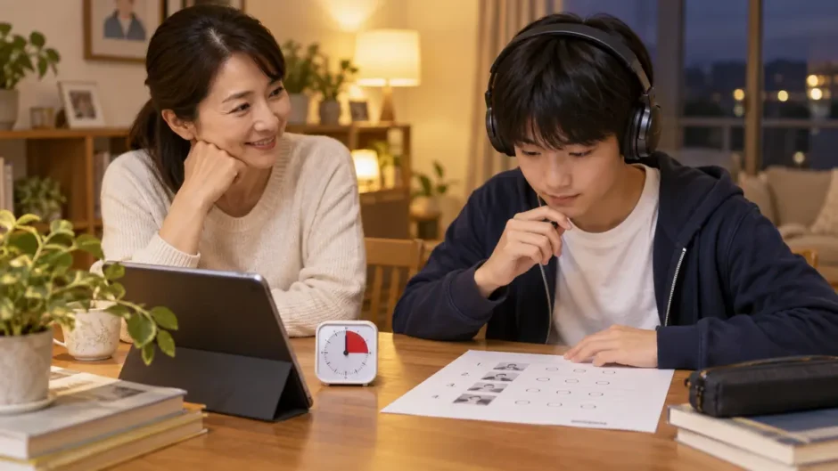 保護者が中学生のリスニング先読み練習を見守る家庭学習