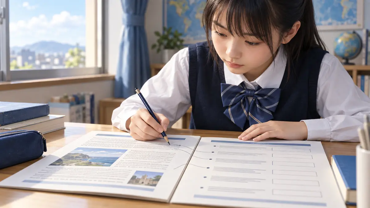 英検準2級の長文と設問を見比べる学習