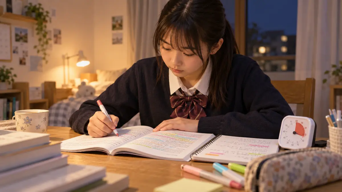 家庭で同じ英検長文を三回復習する中学生