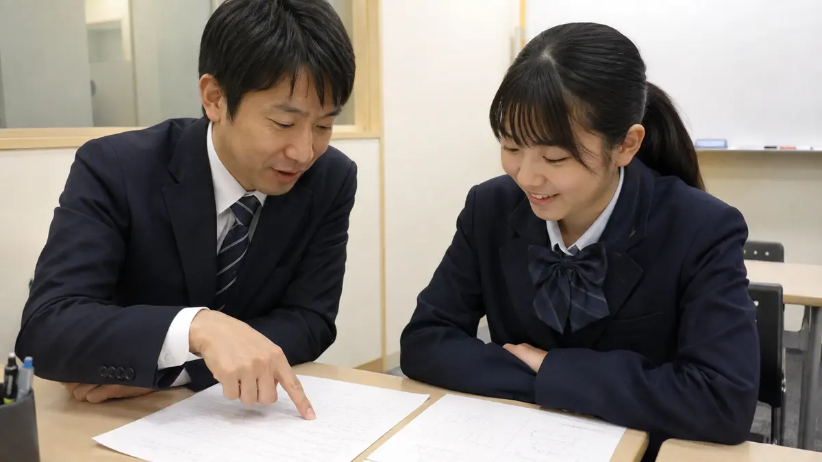 英検準2級の答案について個別指導を受ける中学生