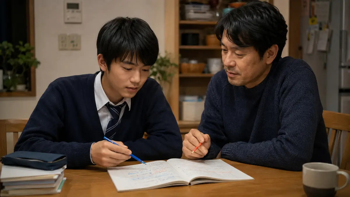 父親と二色の鉛筆で英作文のまとまりを確認する高校生