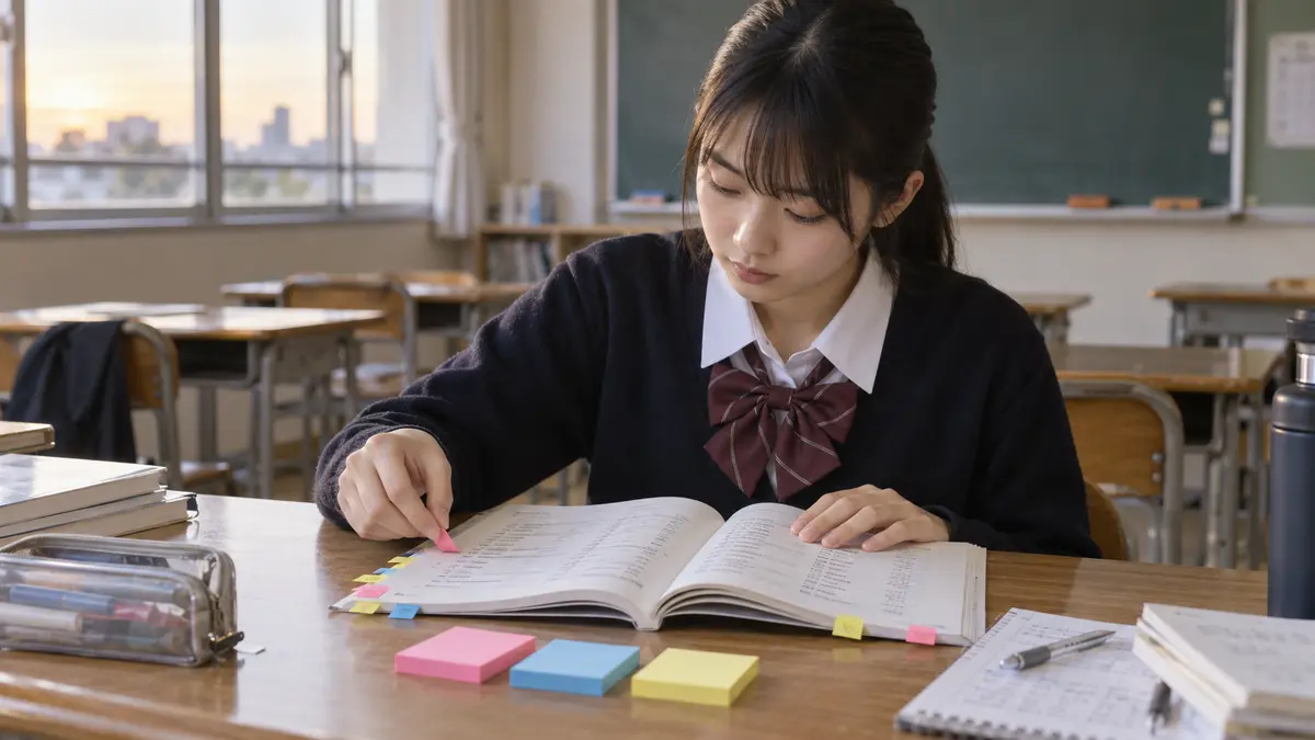 英検準2級の語彙を三段階に分けて確認する中学生