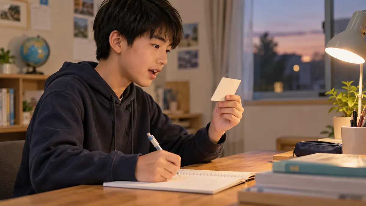 単語の意味と音と使い方を練習する中学生