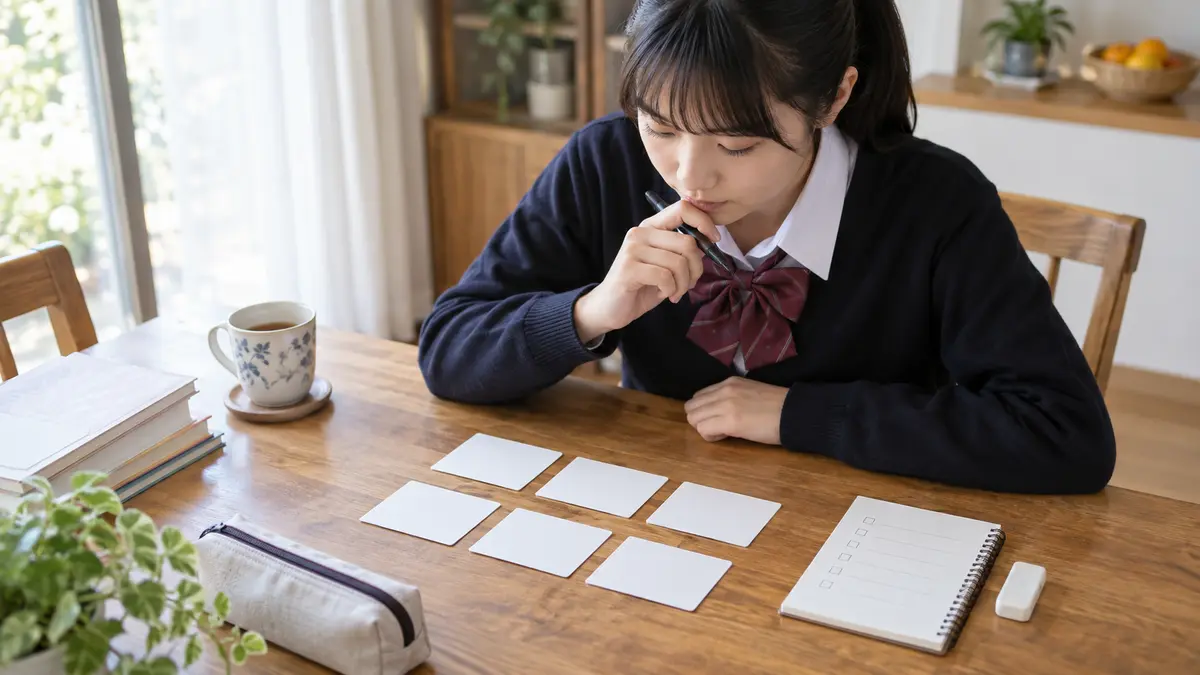 英検準2級の単語を答えを隠して復習する中学生