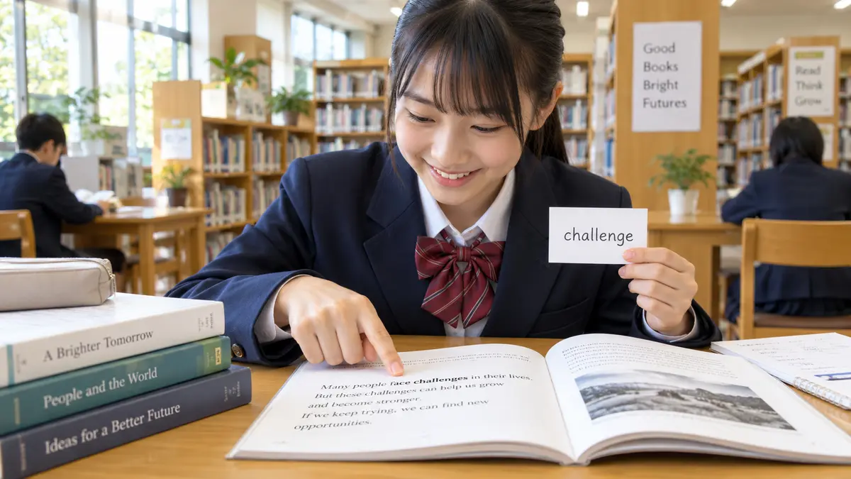 長文の中で覚えた英単語を確認する中学生