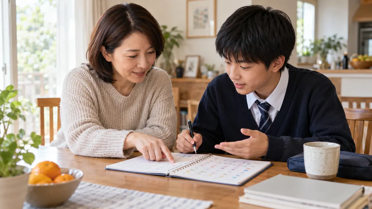 英検準2級の語彙学習記録を確認する親子