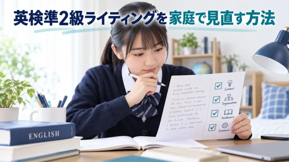 英検準2級ライティングの自己添削表を使う中学生