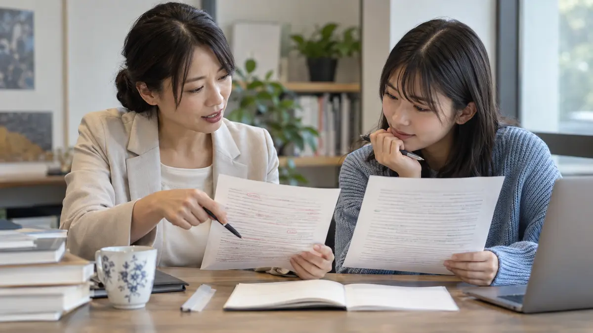 英検準2級ライティング答案について個別相談する生徒と保護者