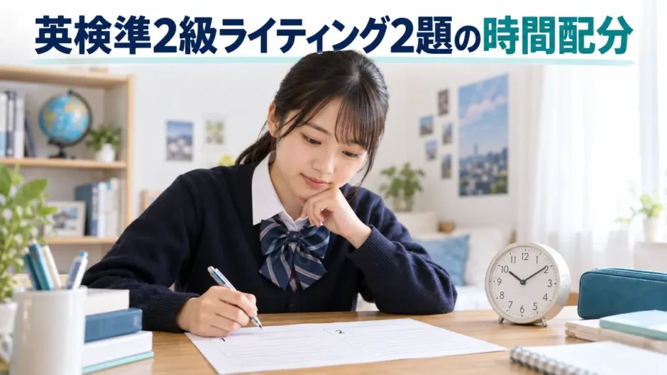 英検準2級ライティング2題の時間配分を学ぶ中学生