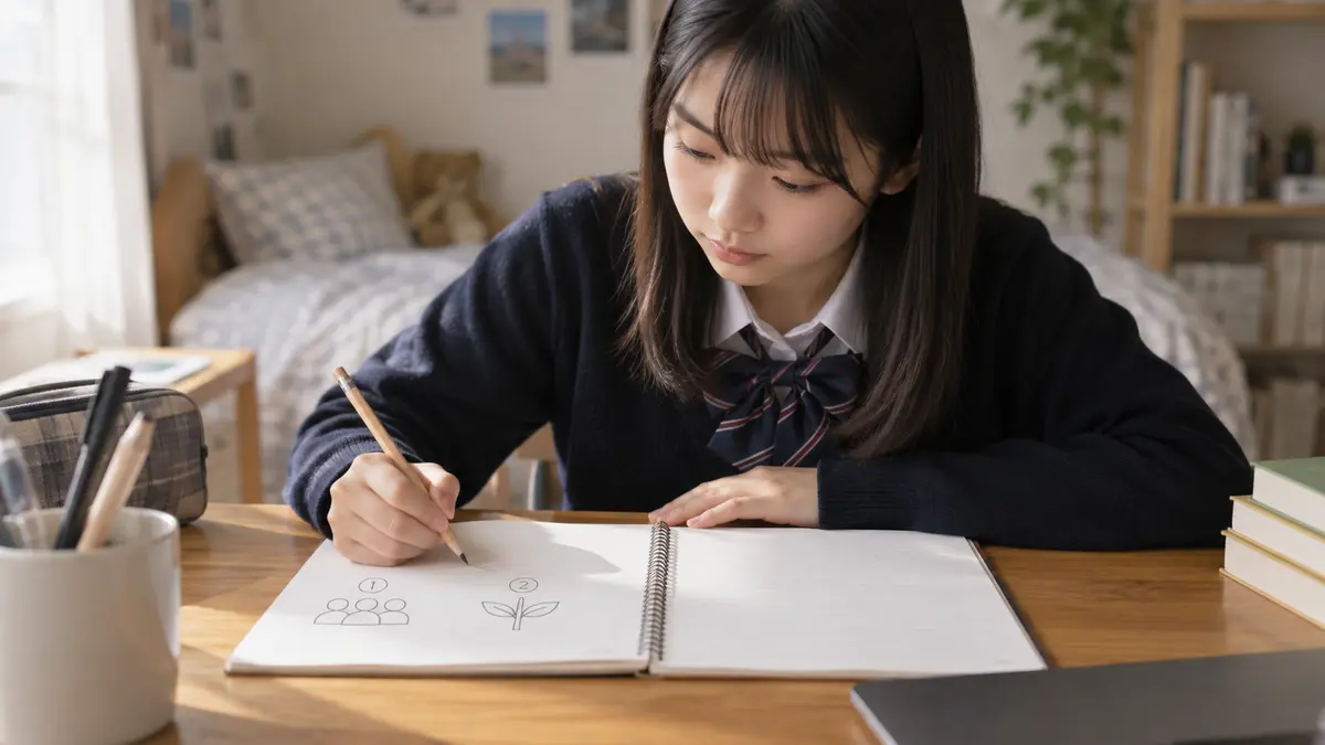 英検準2級ライティングの短いメモを作る中学生