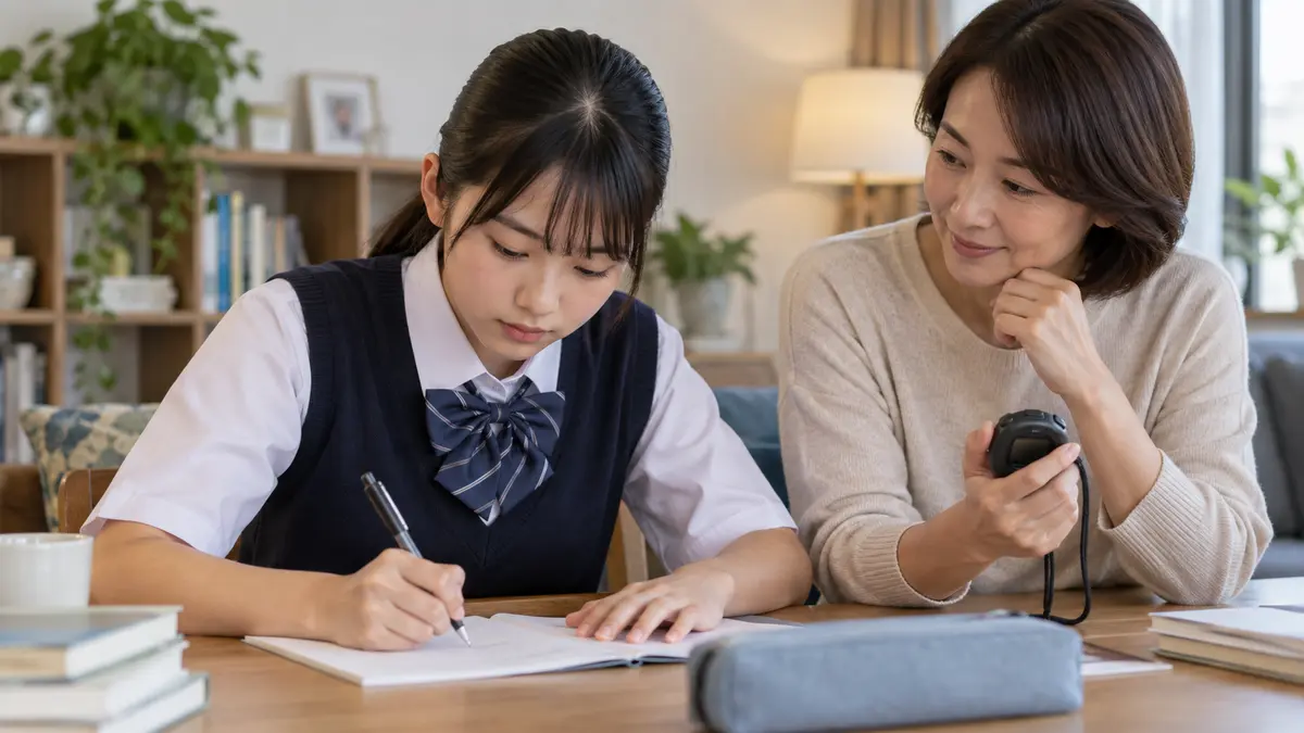 家庭で英検準2級ライティングの時間練習をする様子