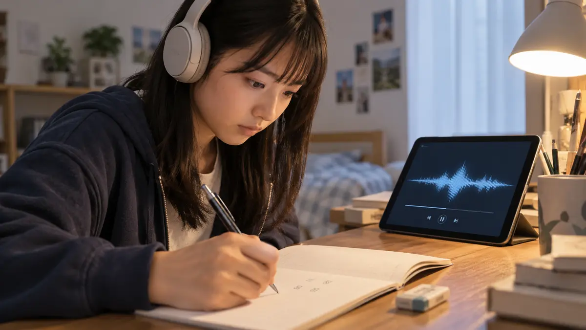 会話音声を聞きながら最小限の記号をメモする高校生