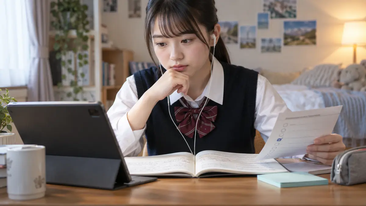 会話リスニングの誤答原因を復習する高校生