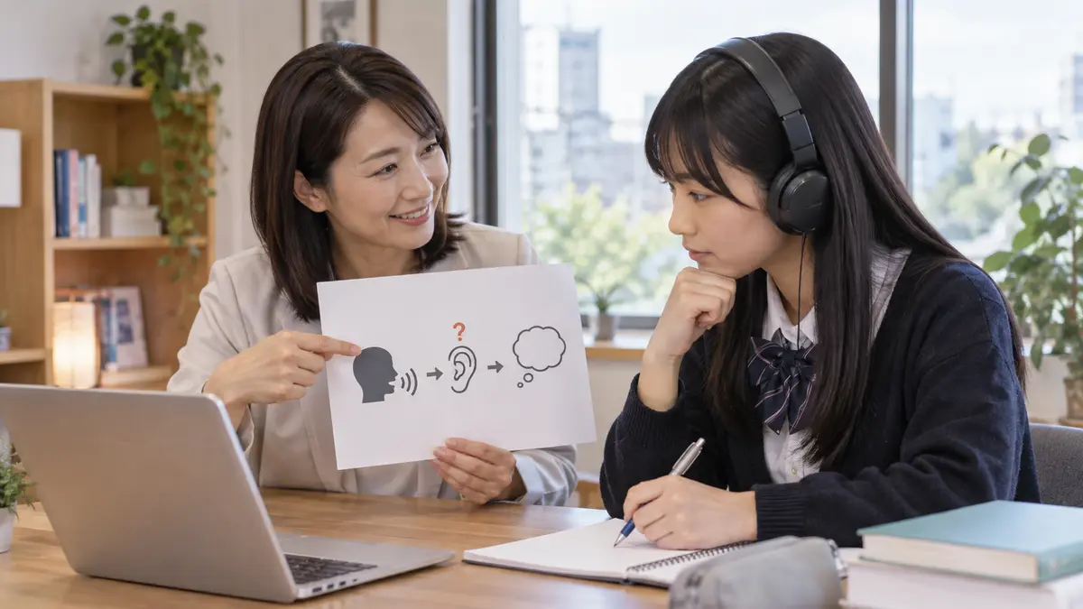 個別指導で会話リスニングの弱点を確認する場面