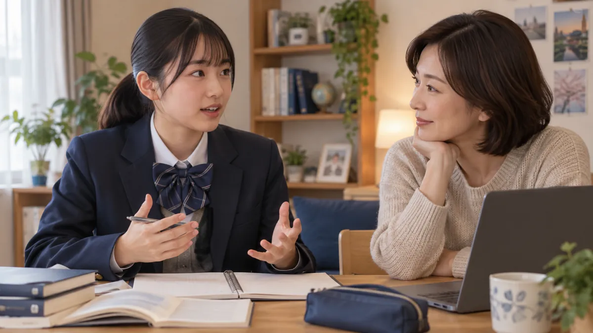 保護者に英作文の理由を口頭で説明する生徒