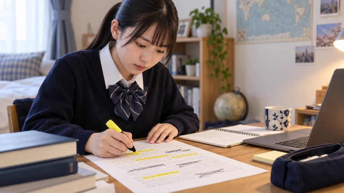 英文要約の本文から必要な要点を選ぶ学習場面