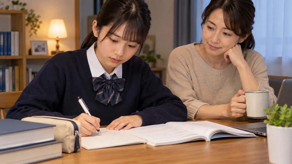 保護者と生徒が英文要約の不要な情報を整理する様子