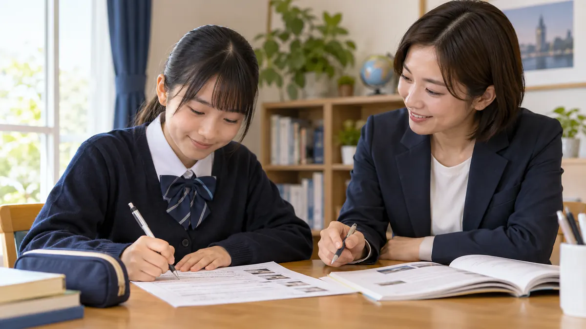 準2級の基礎問題を個別指導で確認する中学生