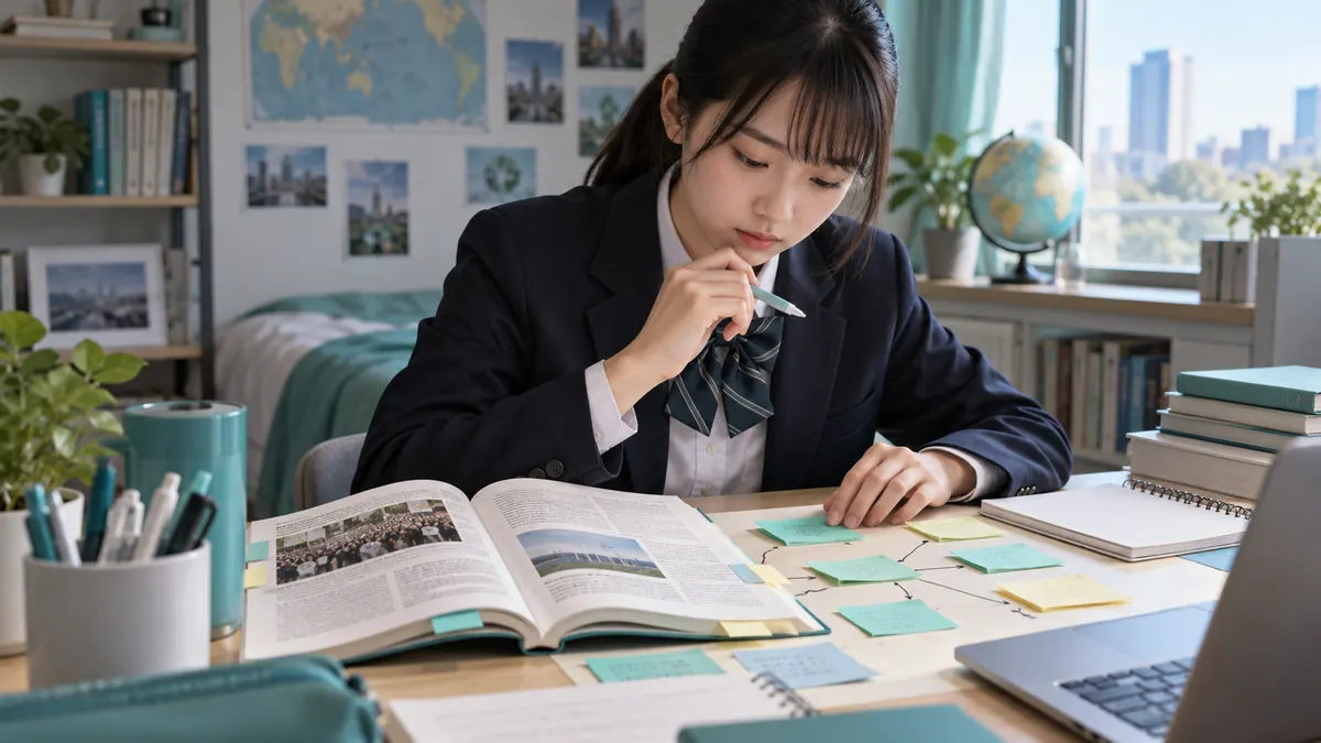 社会的な話題の英文を読み要点を付箋で整理する高校生