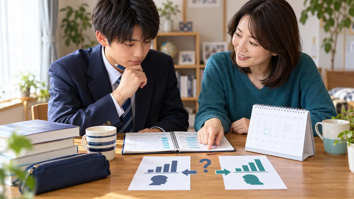 保護者と高校生が学習記録と日程を見て受験級を決める様子