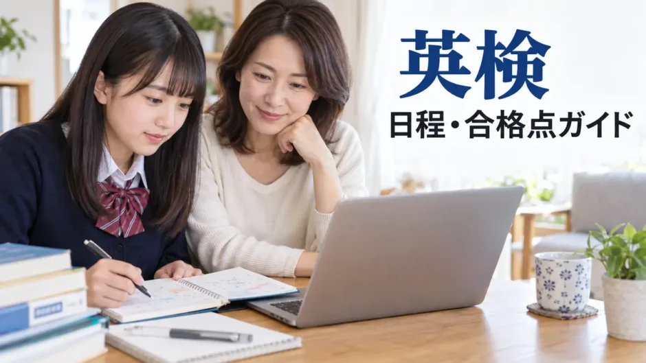 英検の日程と合格点を親子で確認する様子