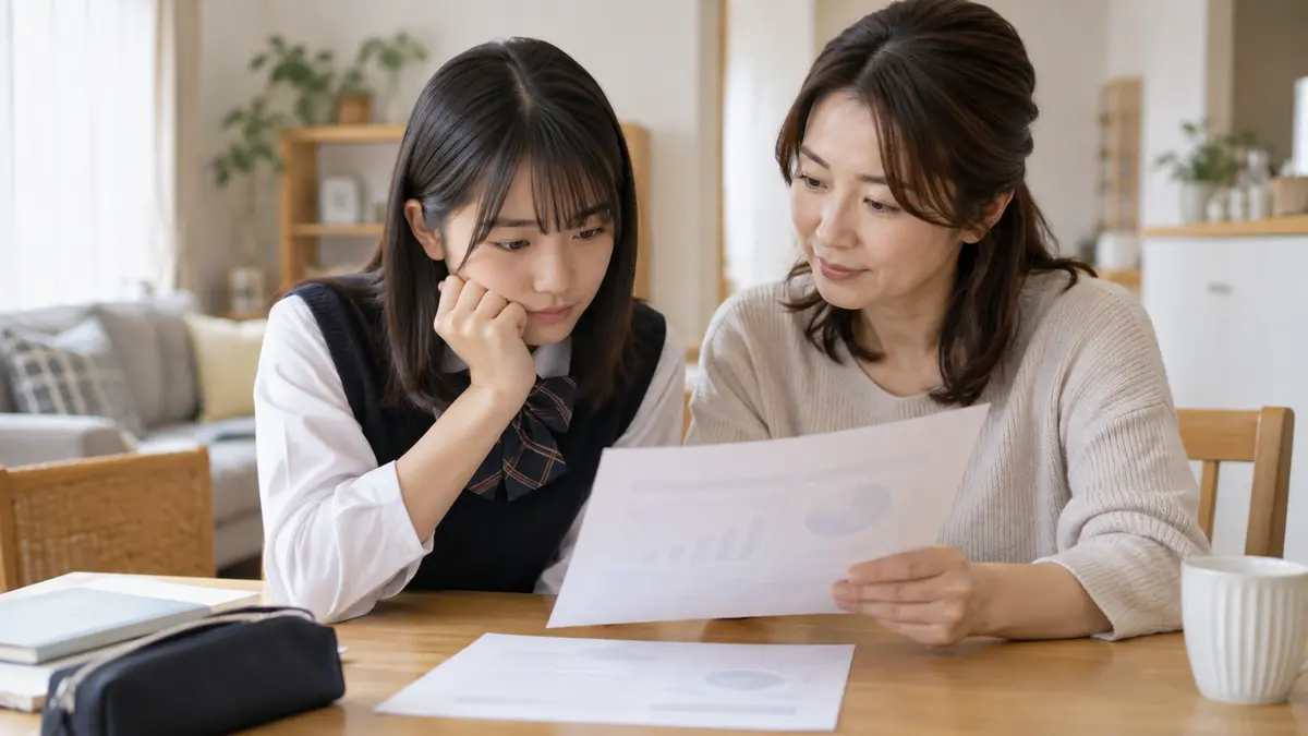 英検CSEスコアの結果表を確認する親子