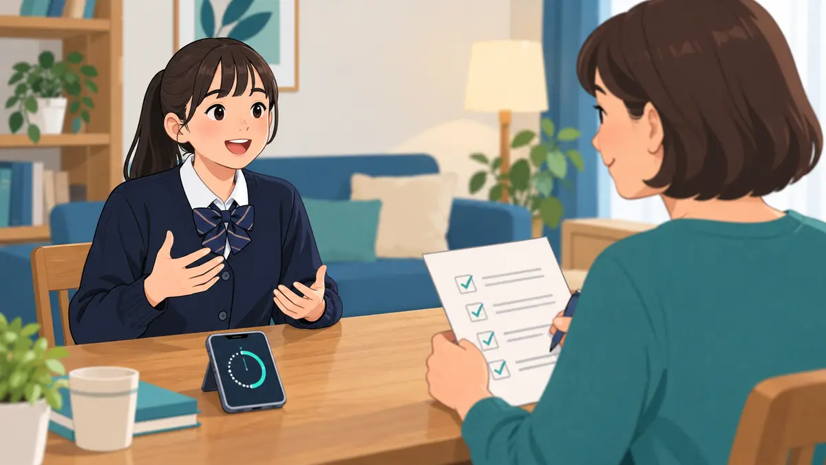 家庭で英検3級の模擬面接をする中学生と保護者