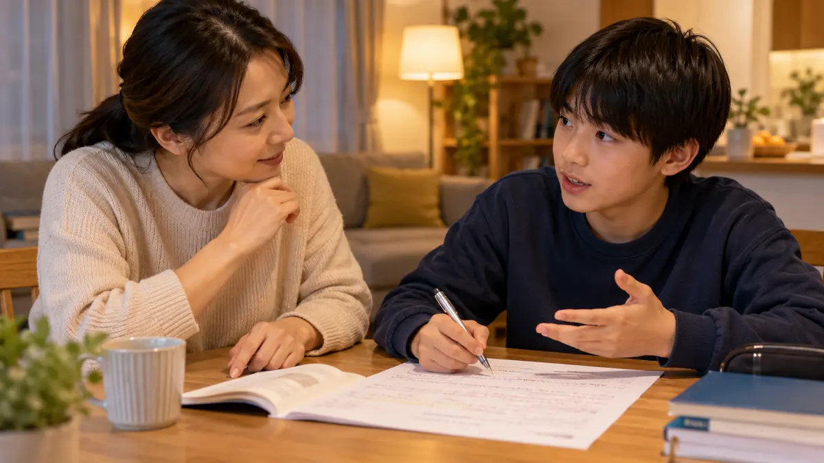 英検3級ライティングを家庭で親子で確認する様子