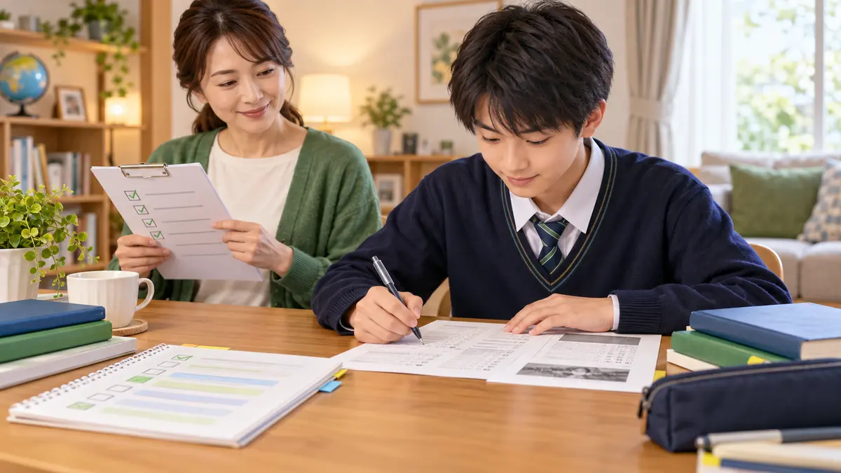 英検準2級の過去問と見直し表を確認する親子