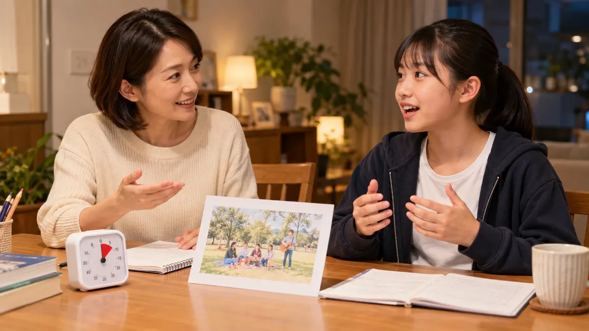 家庭で保護者と英検3級の面接練習をする中学生