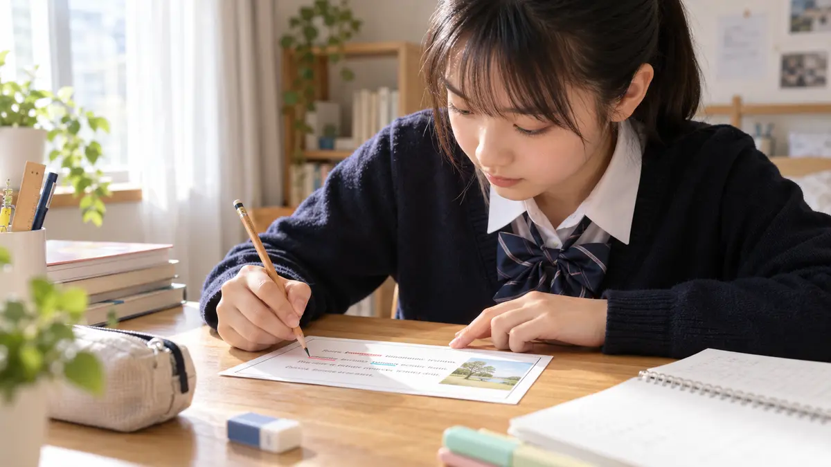 英検3級面接の本文質問に備えて主語と動詞を探す中学生
