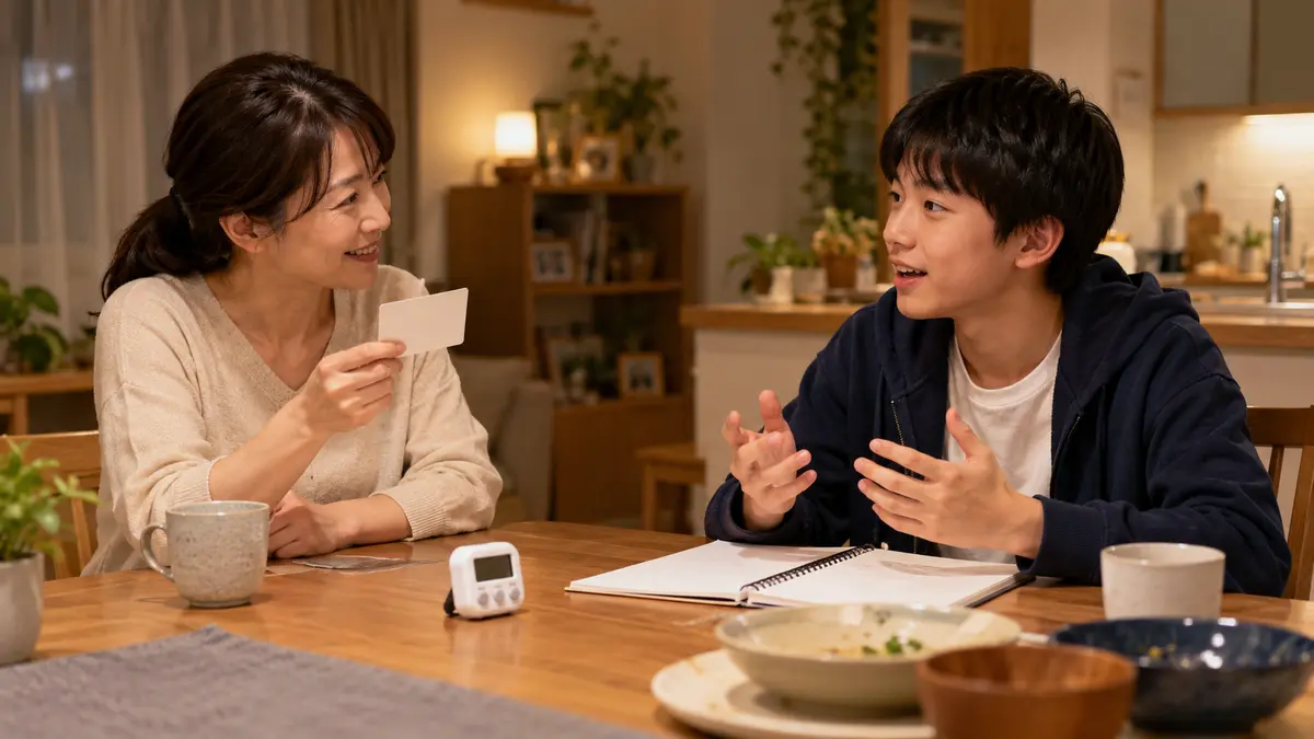 家庭で英検3級の意見質問を5分練習する中学生と保護者