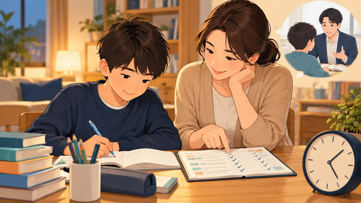 英検3級の学習記録を確認しながら中学生を支える保護者