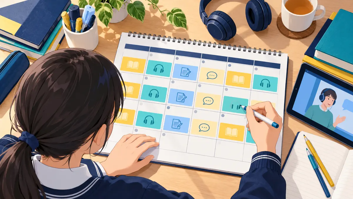 英検3級の次回受験に向けて4週間の学習計画を作る中学生