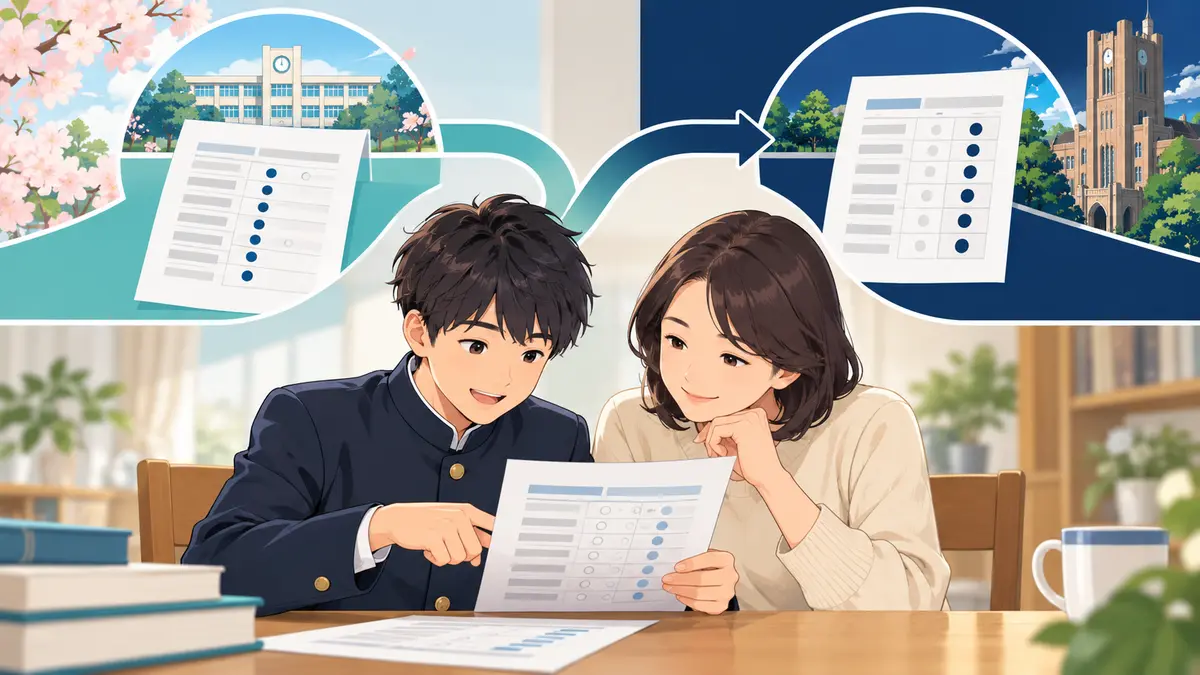英検3級の成績表から一次試験と二次試験の課題を確認する中学生と保護者