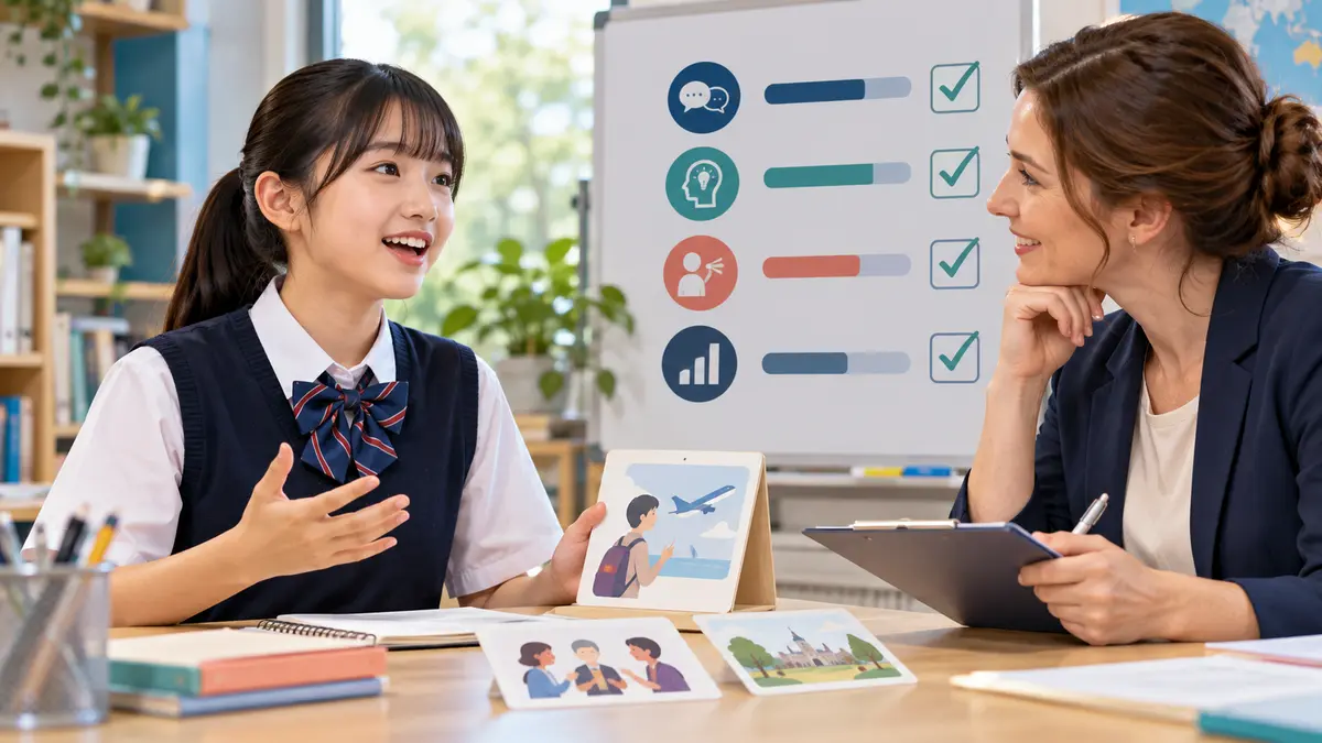 英検3級の二次試験を講師と練習し応答の課題を確認する中学生