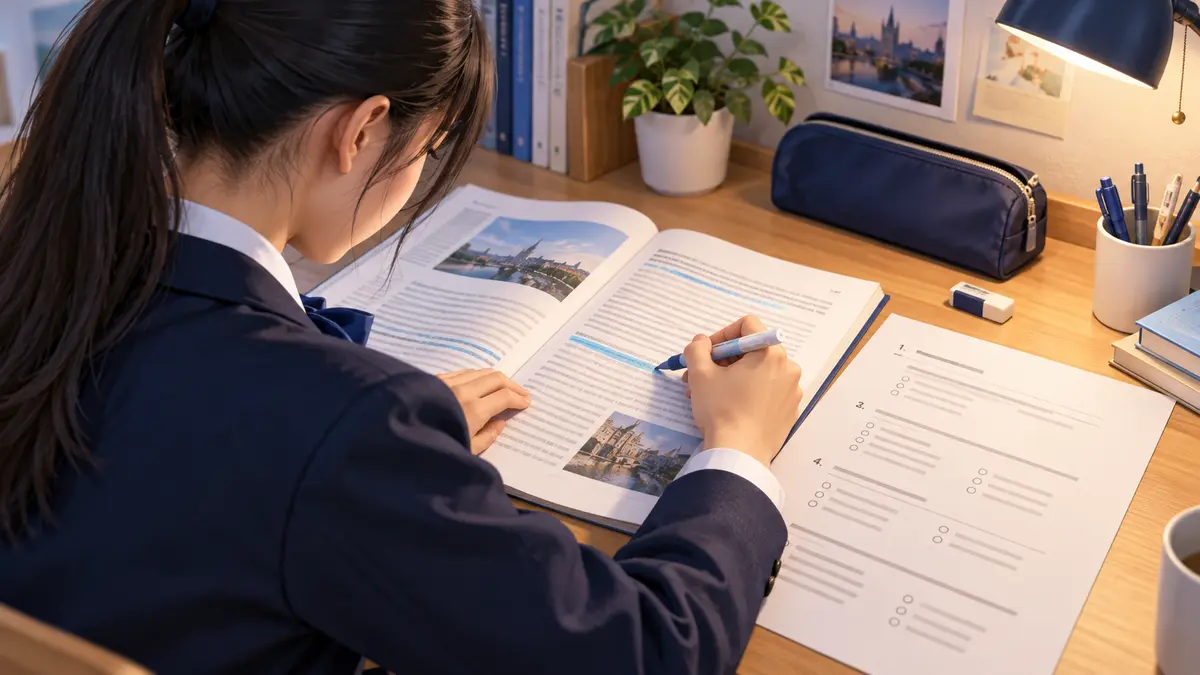 英検準2級の長文で設問の根拠を探す中学生