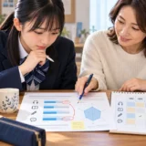 準2級の診断結果と8週間カレンダーを確認する親子
