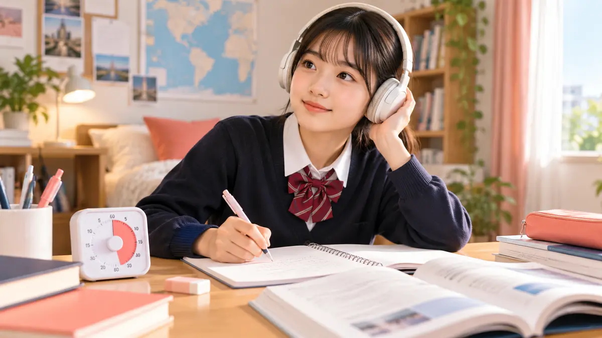 英作文とリスニングを交互に練習する中学生