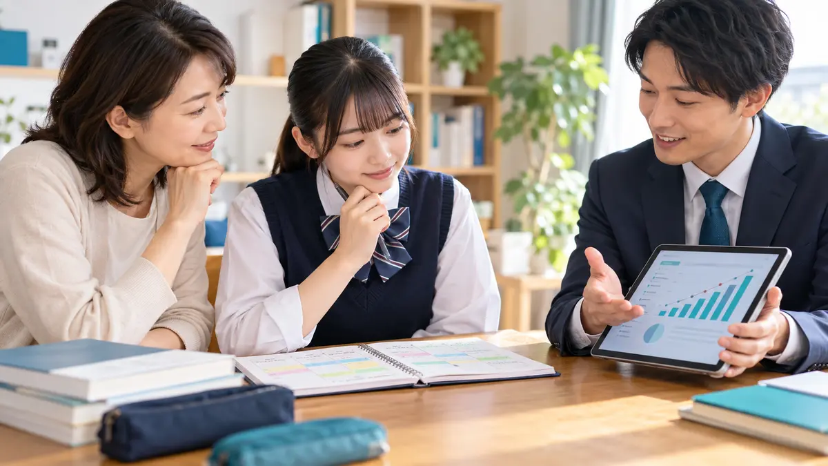 英検2級の学習記録を保護者と講師が確認する様子