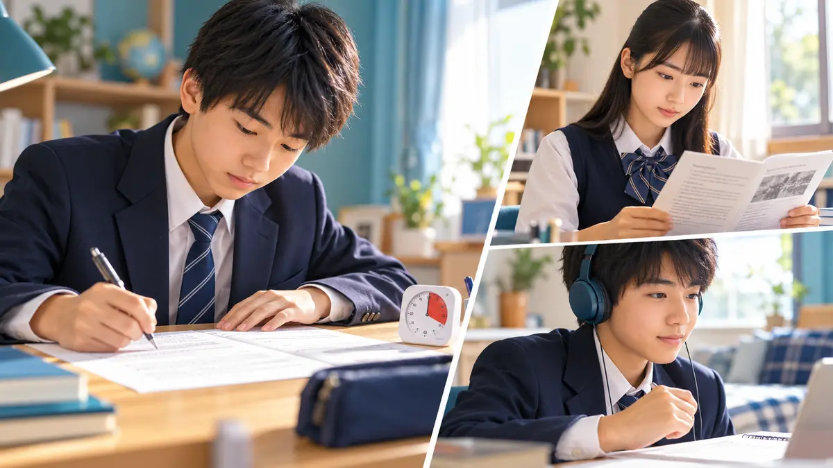 英検2級の読解・作文・リスニングを時間を測って練習する中学生