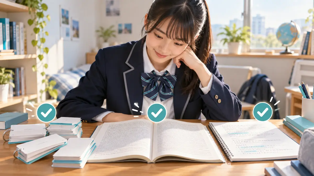 英検2級の語彙・読解・作文の準備を確認する高校生