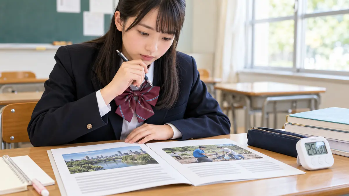英検2級の長文問題の種類と時間を確認する高校生