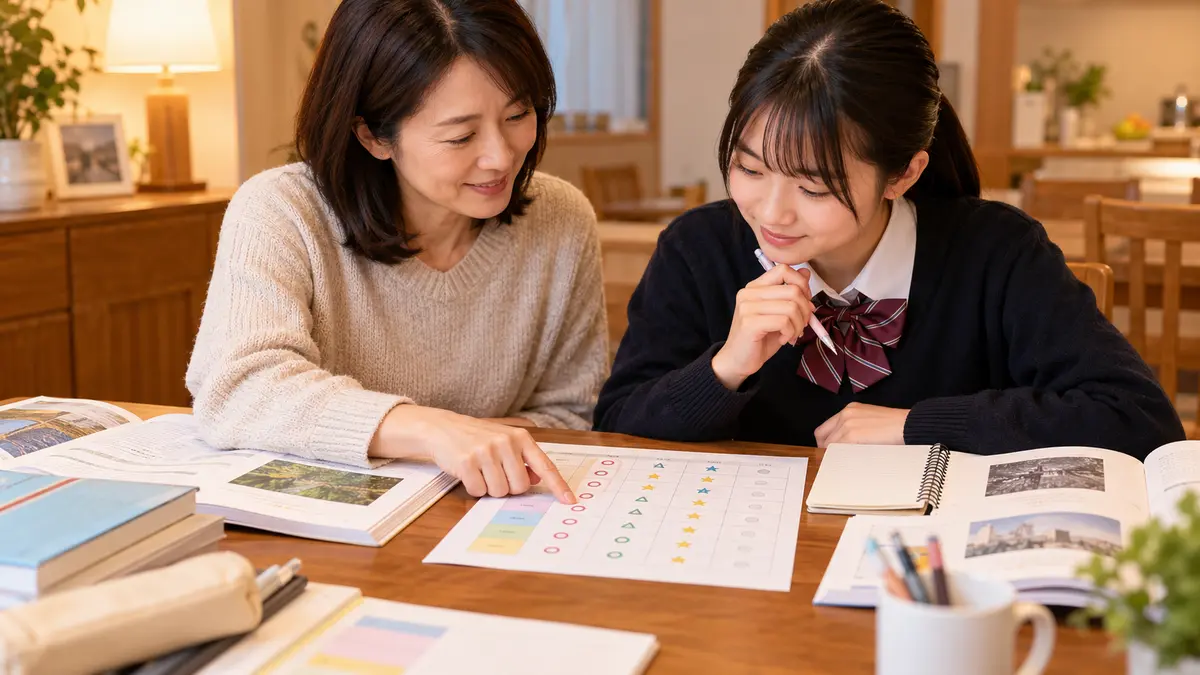 家庭で英検2級の長文学習を確認する親子