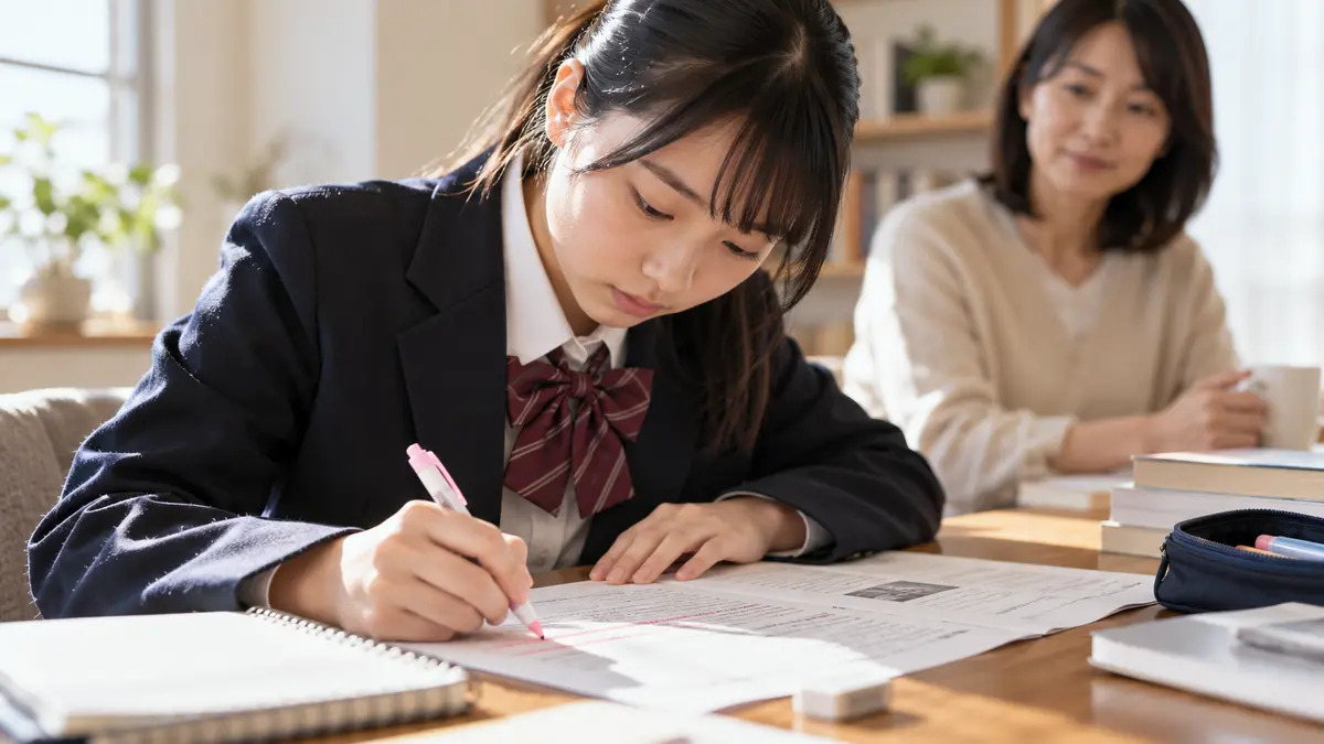 英検2級の従来型に向けて紙の問題を解く高校生