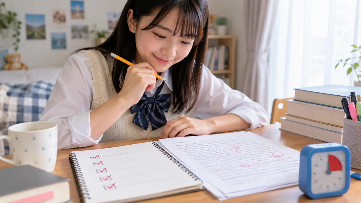 英検2級英文要約の語数と文法を確認する高校生